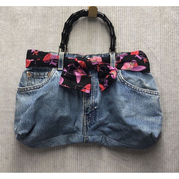 Red Hat Society Denim Jeans Purse Belt Bow Black Wooden Bamboo Handle Lined - Picture 1 of 15